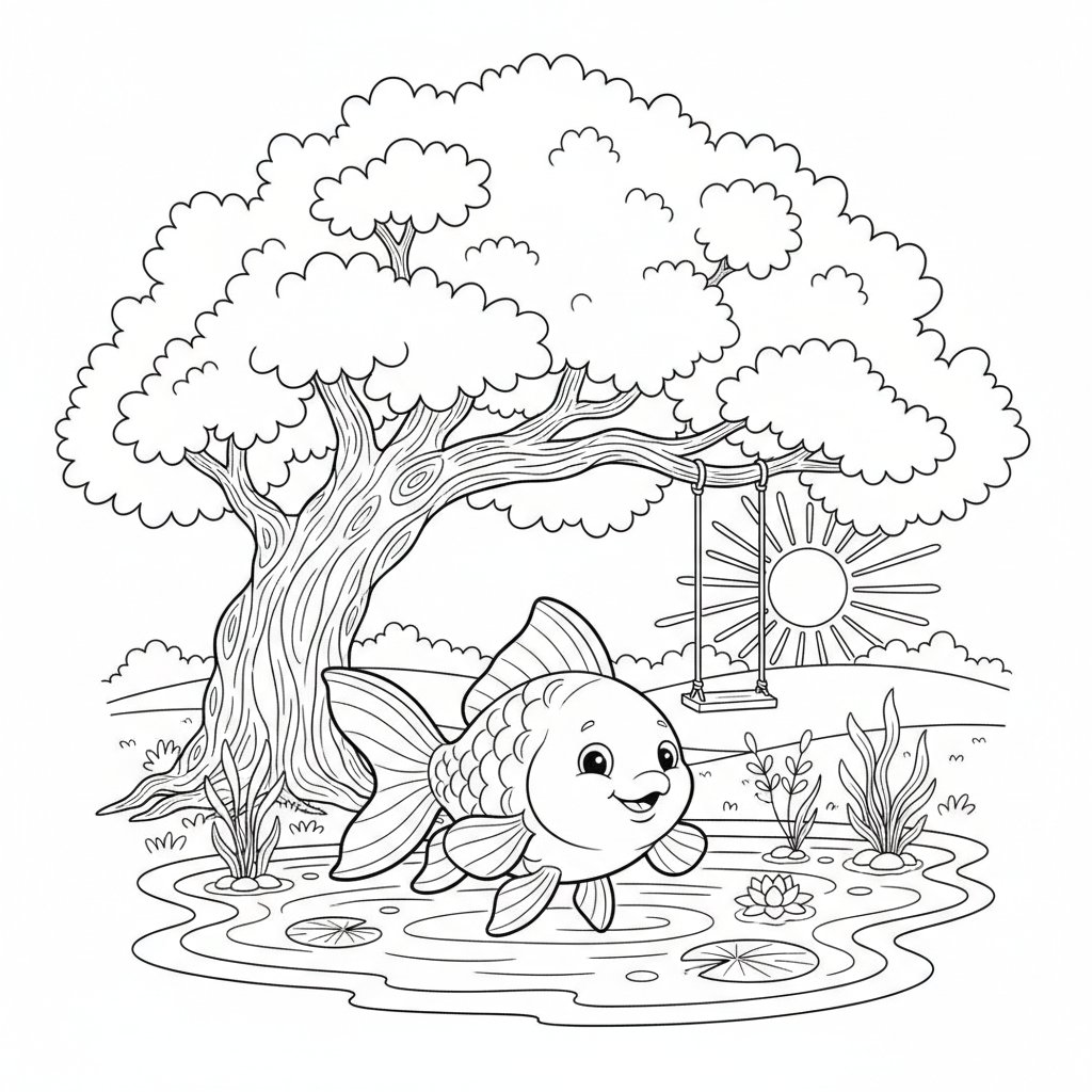 Alegre Pez Dorado Página para Colorear - Medio