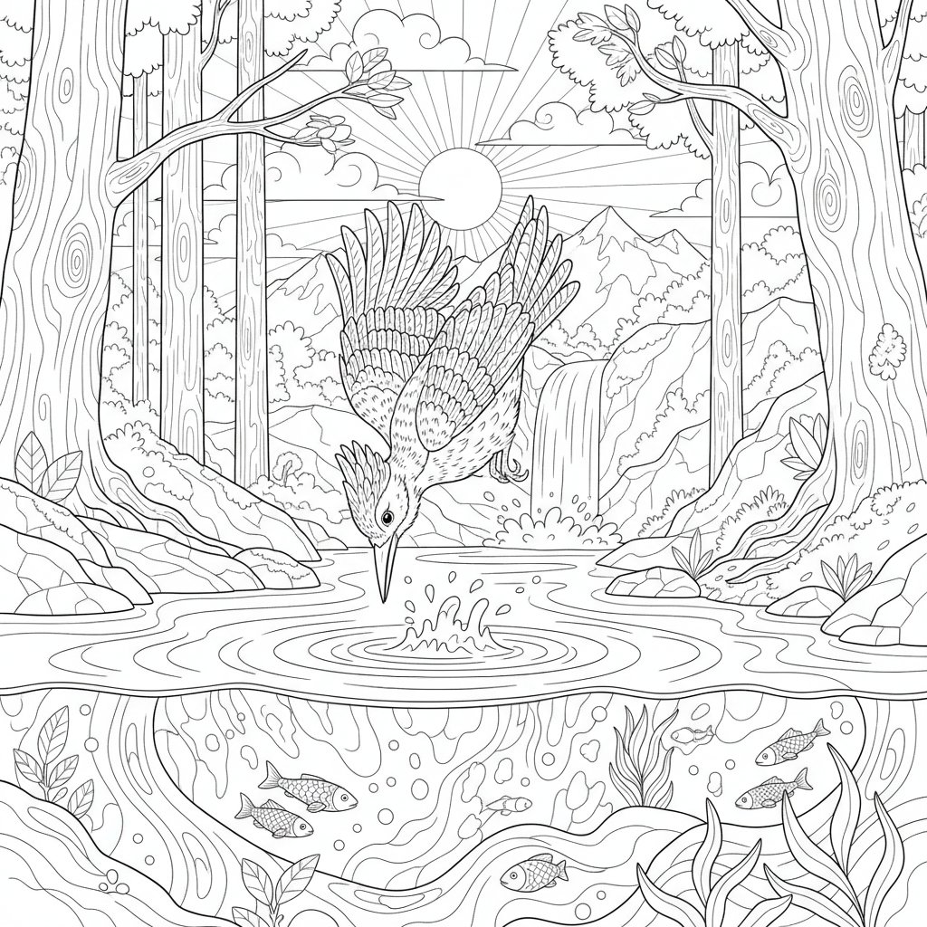 Página para Colorear del Pájaro Carpintero Alegre - Difícil