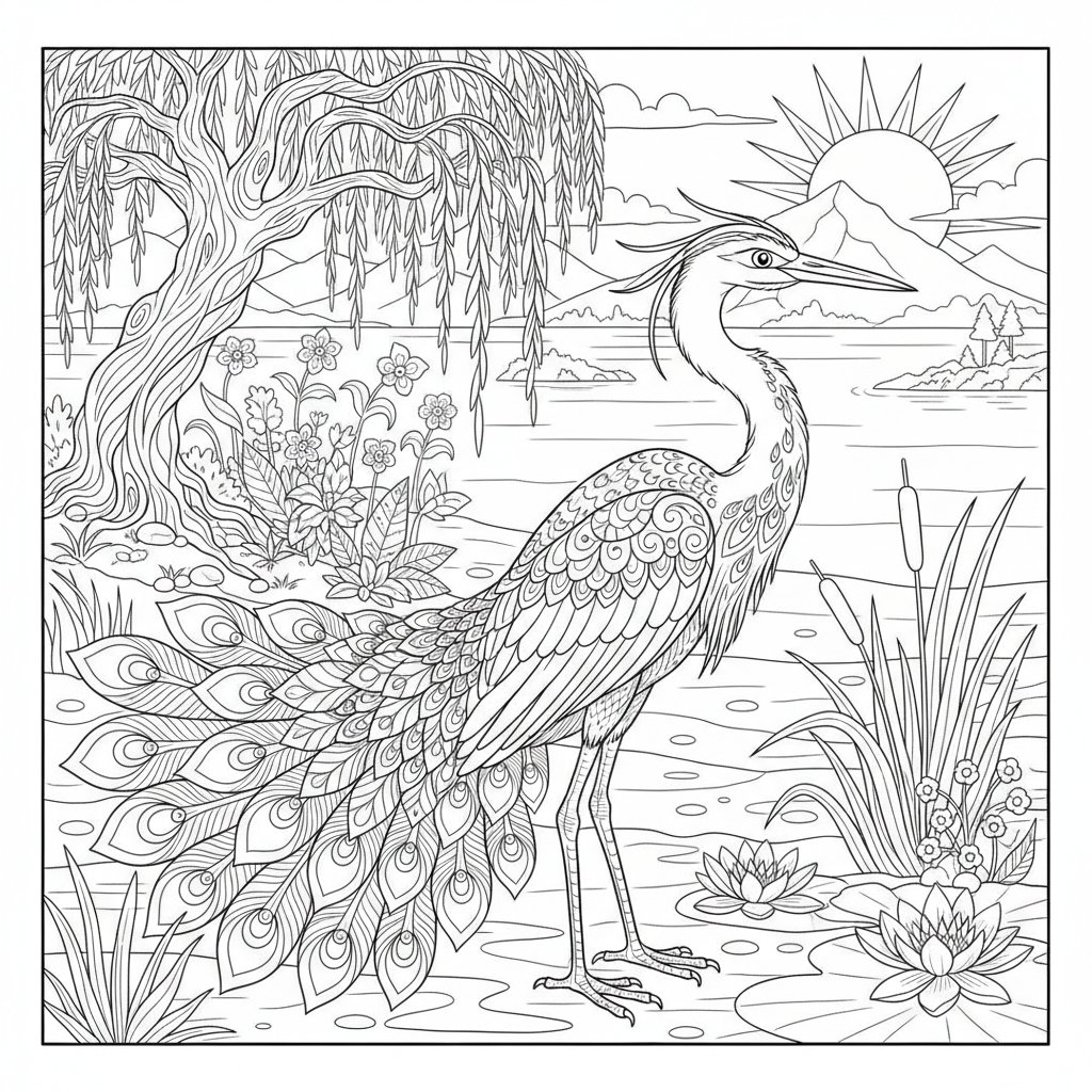 Página para Colorear de la Garza Caprichosa - Difícil