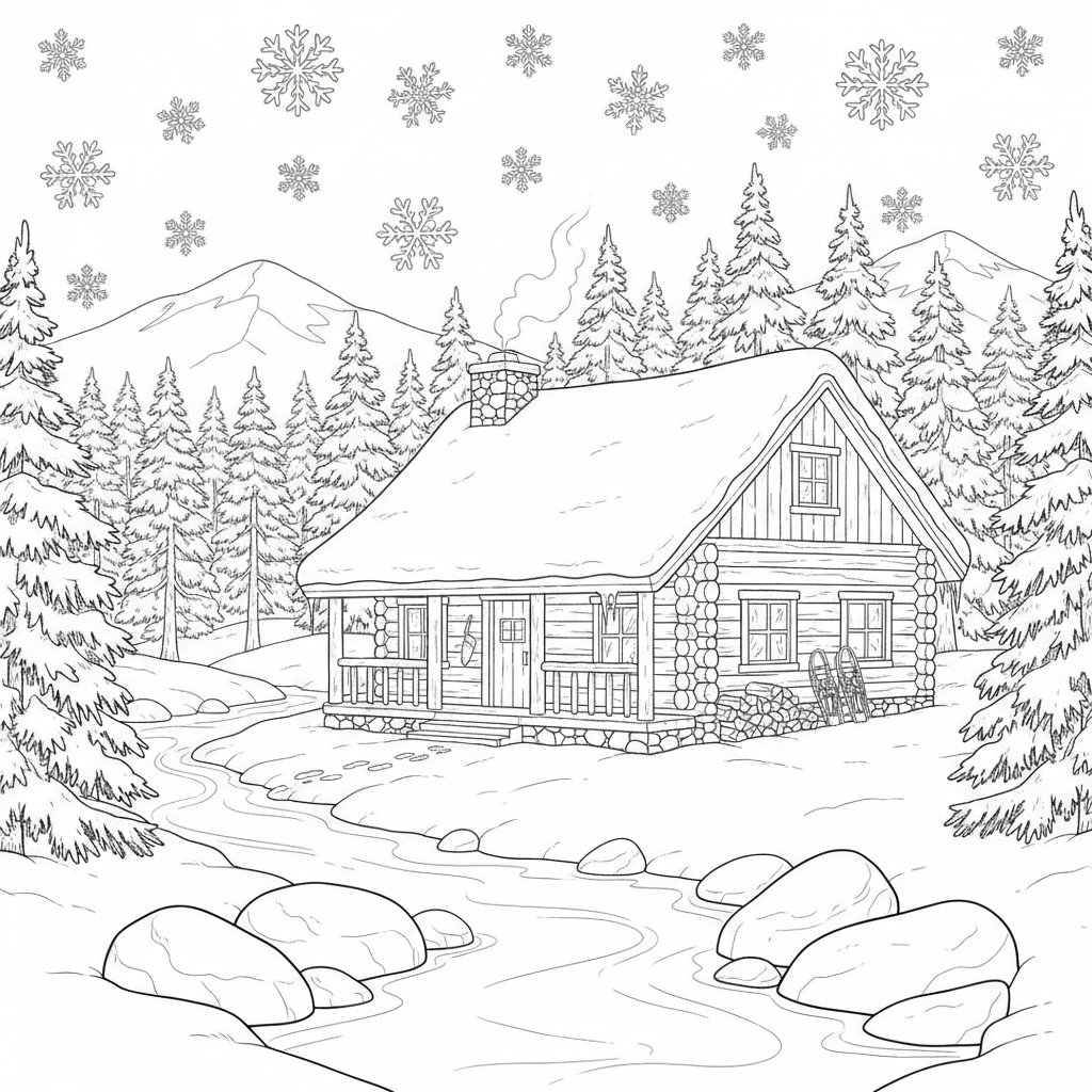 Página para Colorear de la Adorable Cabaña de Troncos - Difícil