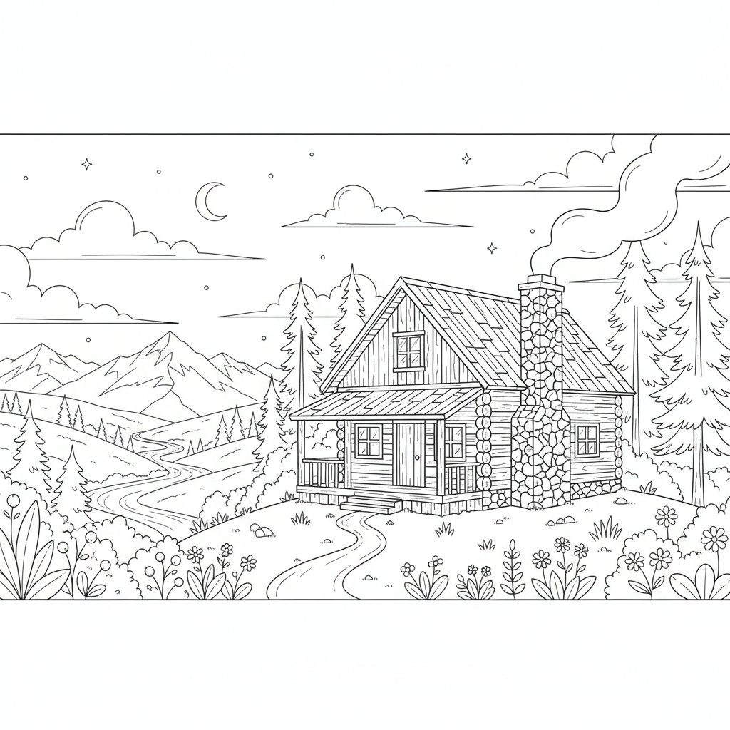 Página para Colorear de Linda Cabaña de Madera - Difícil