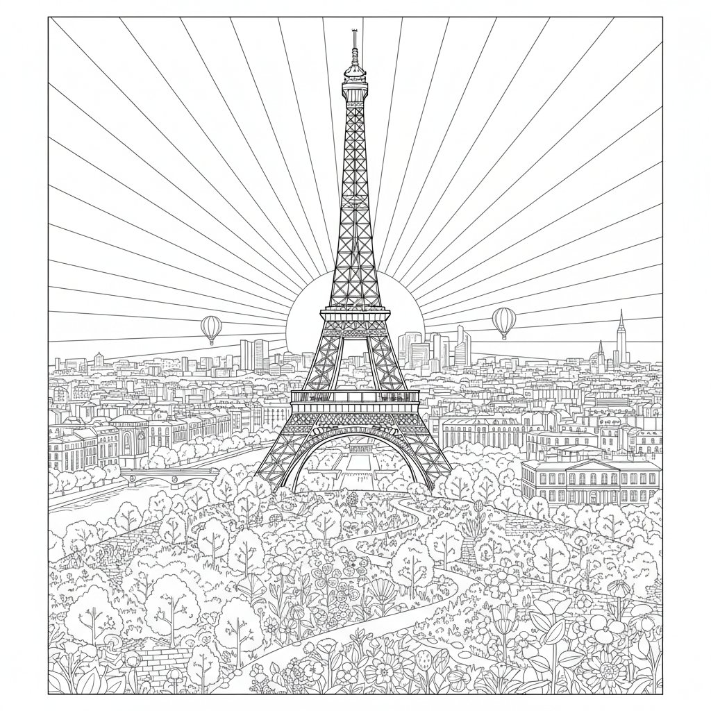 Página para Colorear de la Torre Eiffel - Difícil