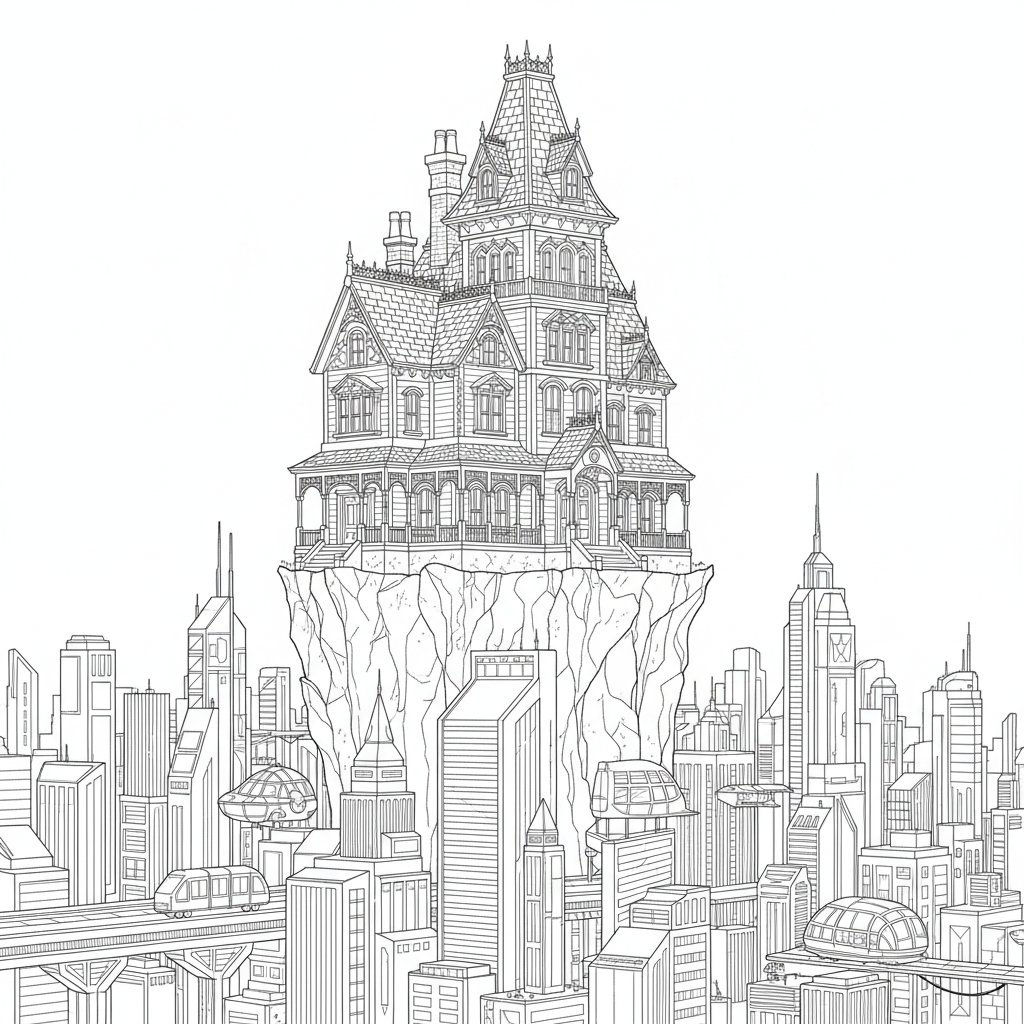 Página para Colorear de Mansión Victoriana Alegre - Difícil