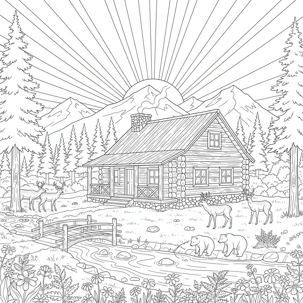 Página para Colorear de Cabaña de Troncos - Difícil