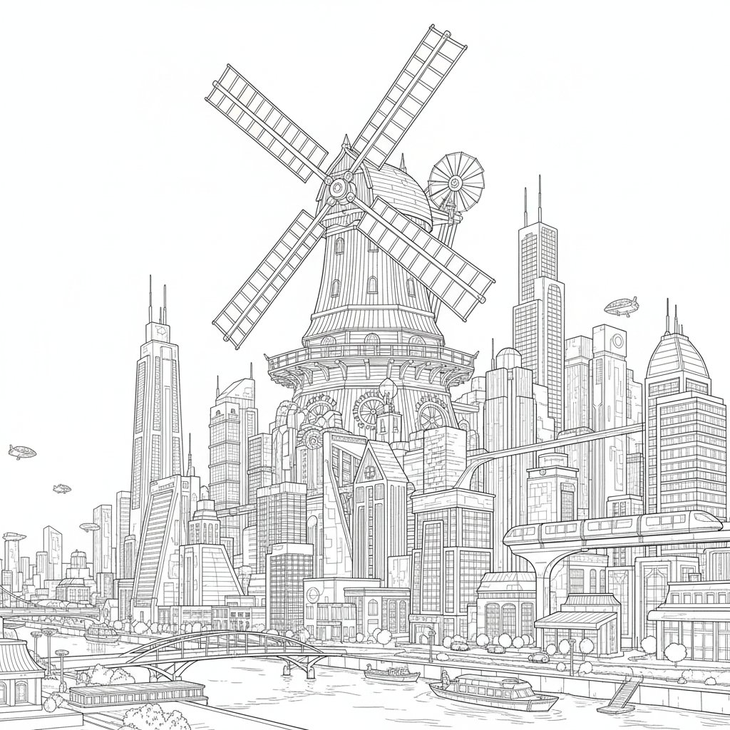 Página para Colorear de Molino de Viento Mágico - Difícil