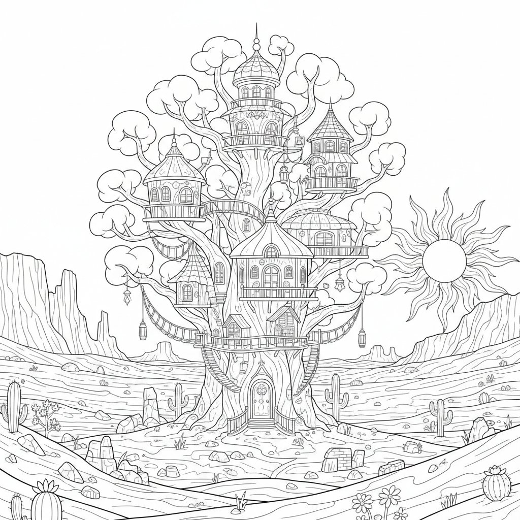 Página para Colorear de Casa del Árbol - Difícil