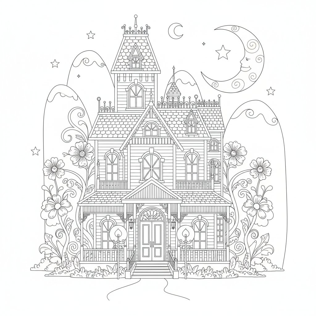 Página para Colorear de Mansión Victoriana - Medio