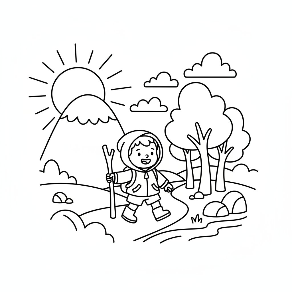 Página para Colorear de la Caminata al Atardecer Alegre - Fácil