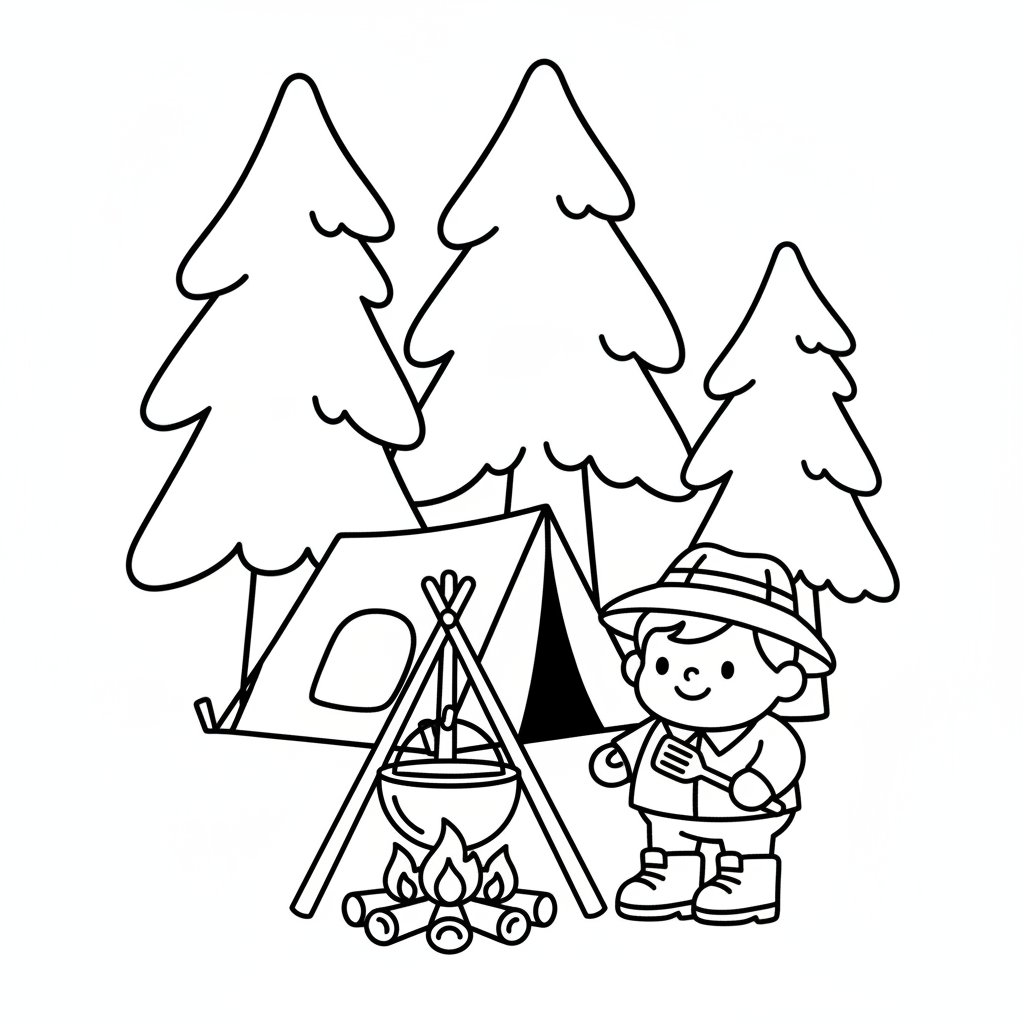 Página para Colorear Cocina en Campamento - Fácil