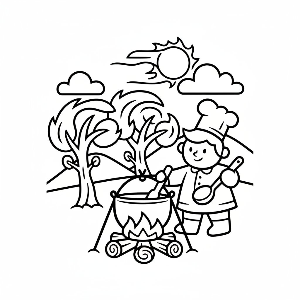 Página para Colorear de la Encantadora Cocina en el Campamento - Fácil