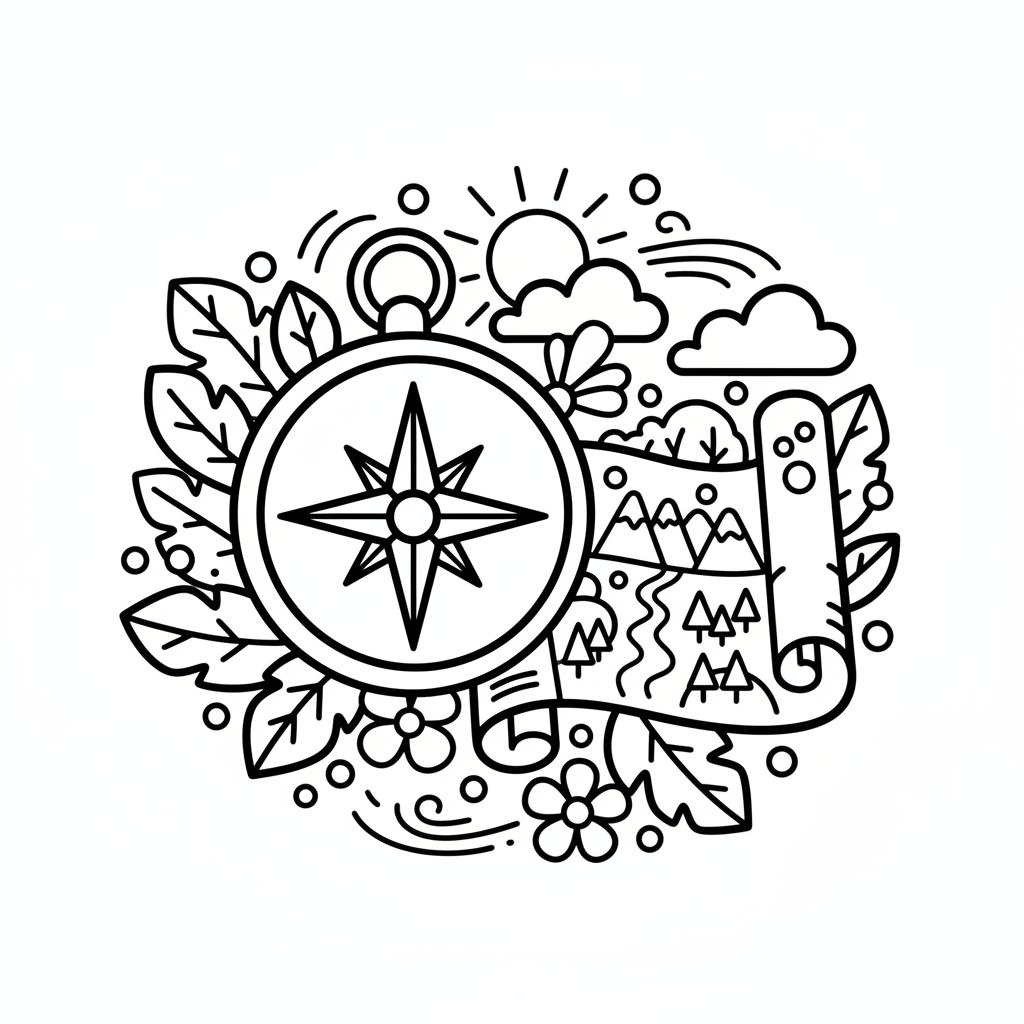 Página para Colorear de Brújula y Mapa Suave - Fácil