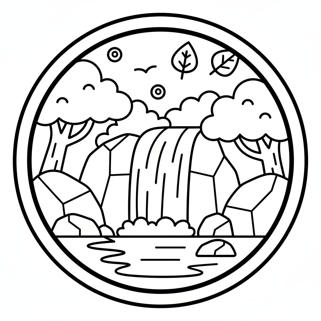 Alegre Cascada del Bosque Página para Colorear - Fácil