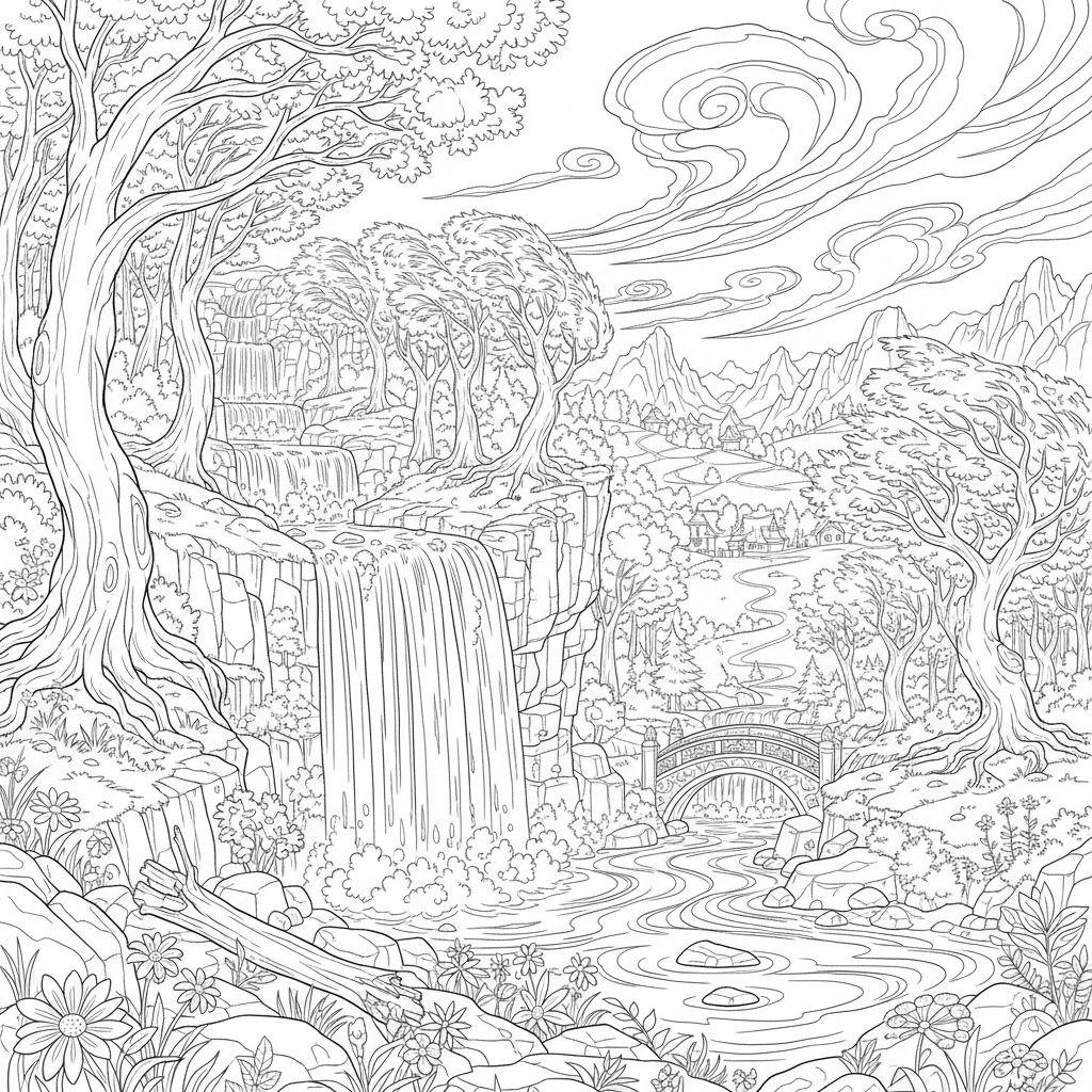Cascada del Bosque Página para Colorear - Difícil