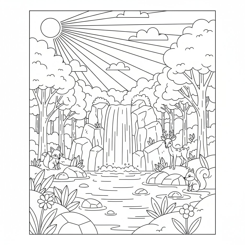 Página para Colorear de Alegre Cascada Forestal - Medio