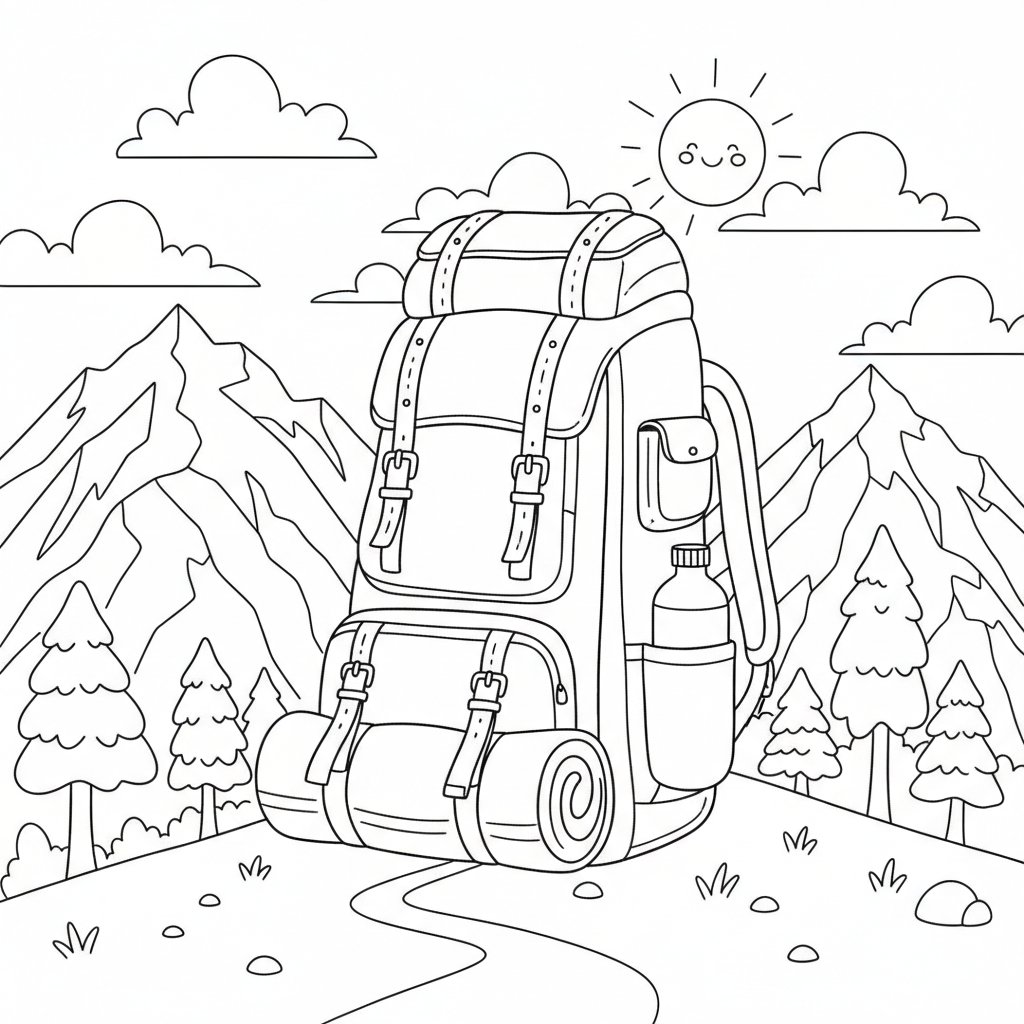 Página para Colorear Creativa de Mochila de Camping - Medio