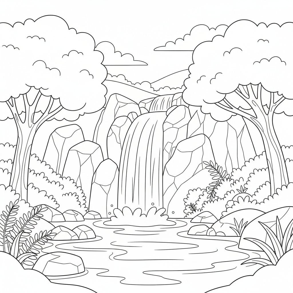 Cascada del Bosque Página para Colorear - Medio