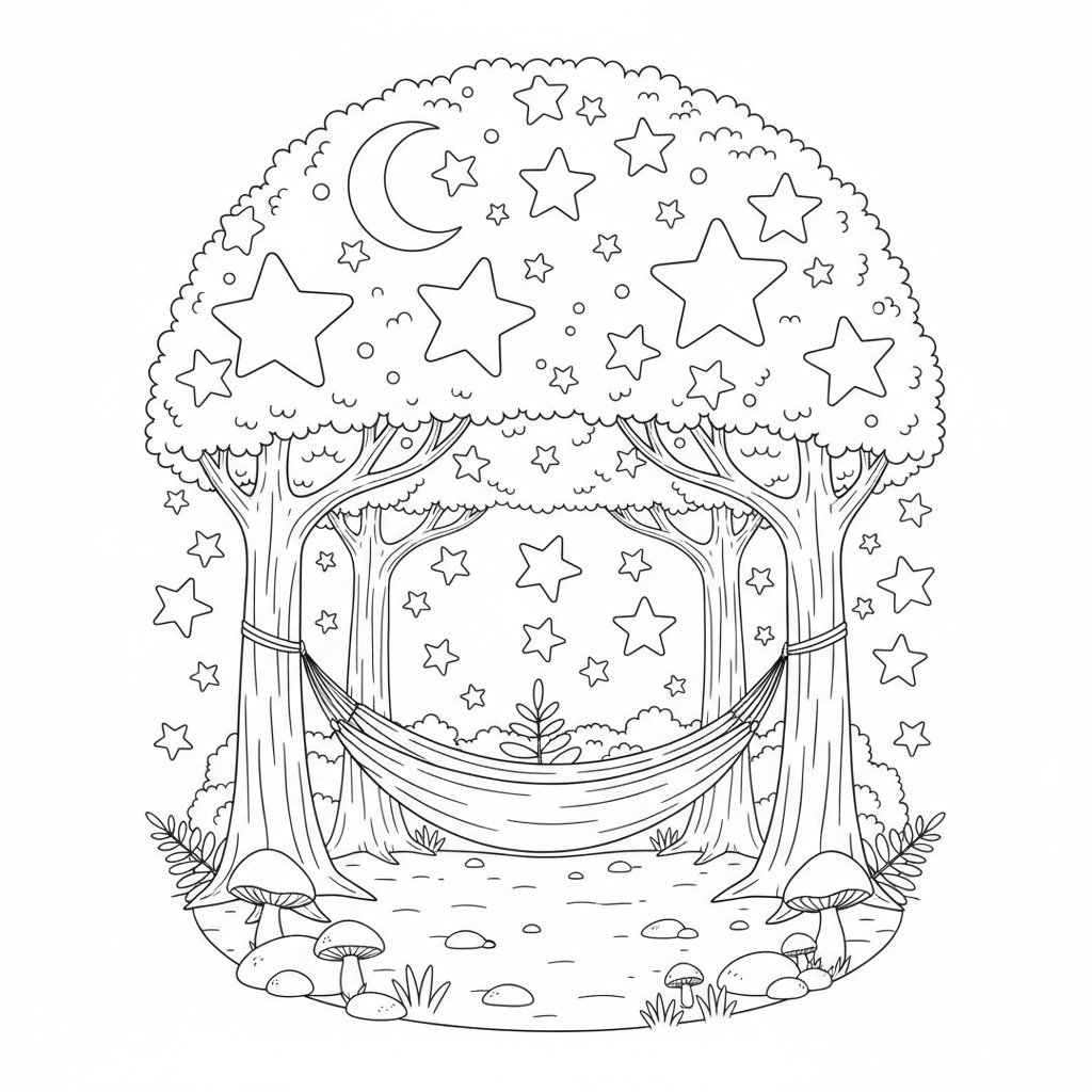 Página para Colorear de Hamaca en el Bosque - Medio