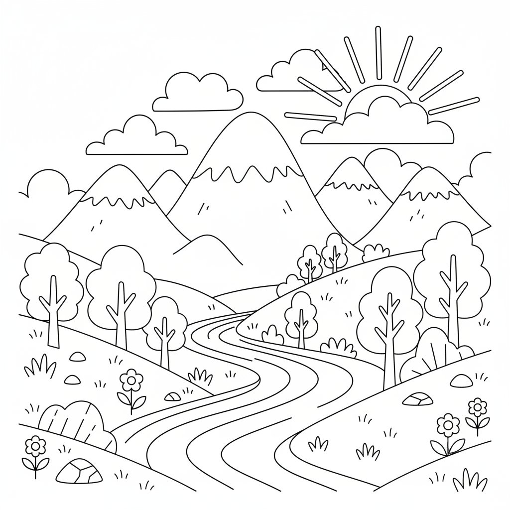 Alegre Vista de la Montaña Página para Colorear - Medio