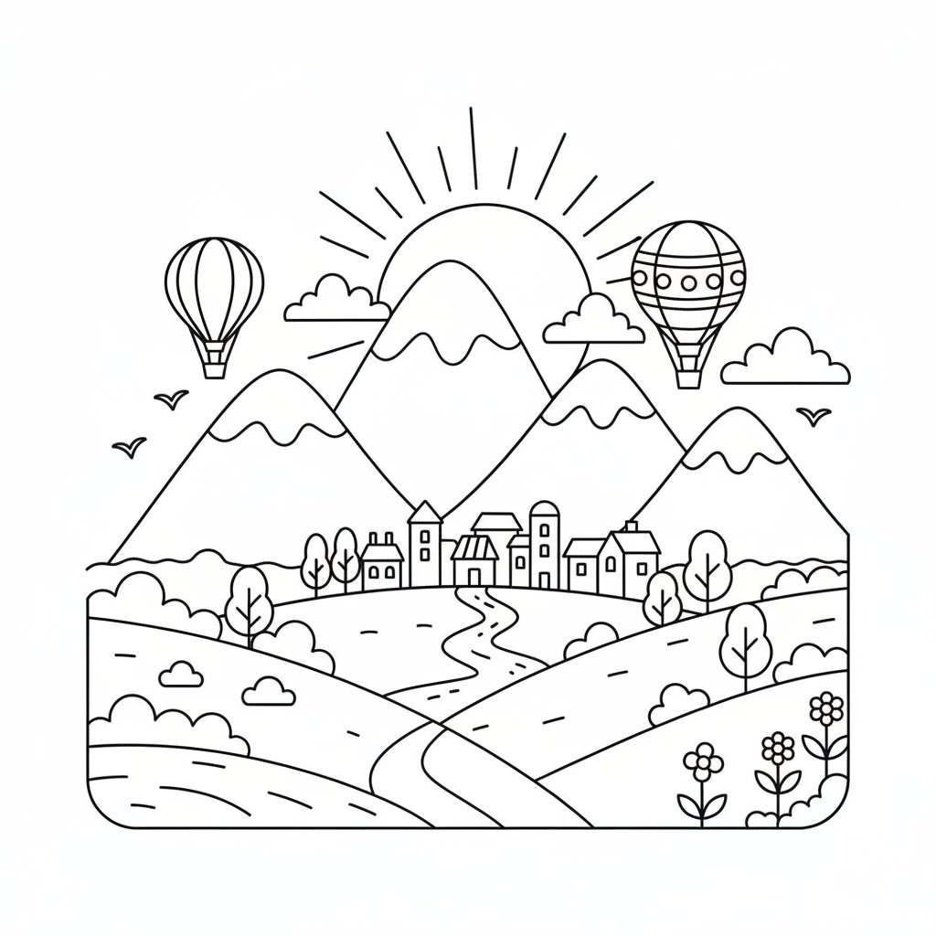 Página para Colorear de Vista de Montaña - Medio