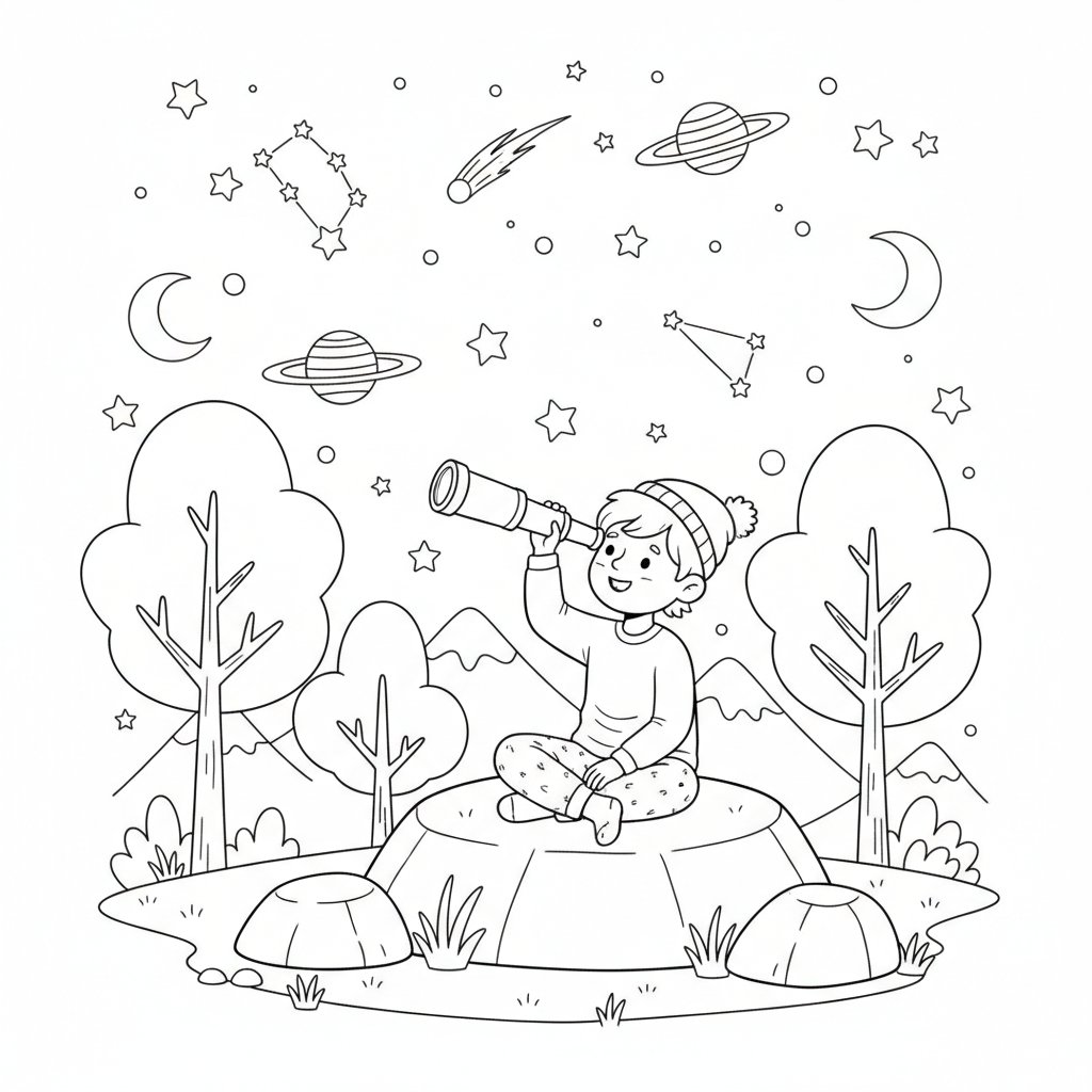 Página para Colorear de Observación de Estrellas - Medio