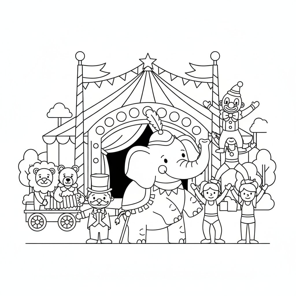Página para Colorear del Desfile de Circo Artístico - Fácil