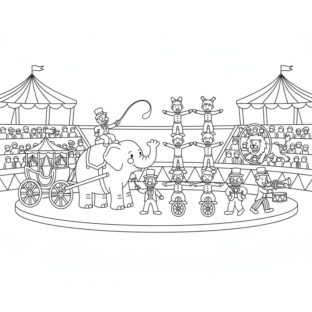 Página para Colorear Creativa de Desfile de Circo - Fácil