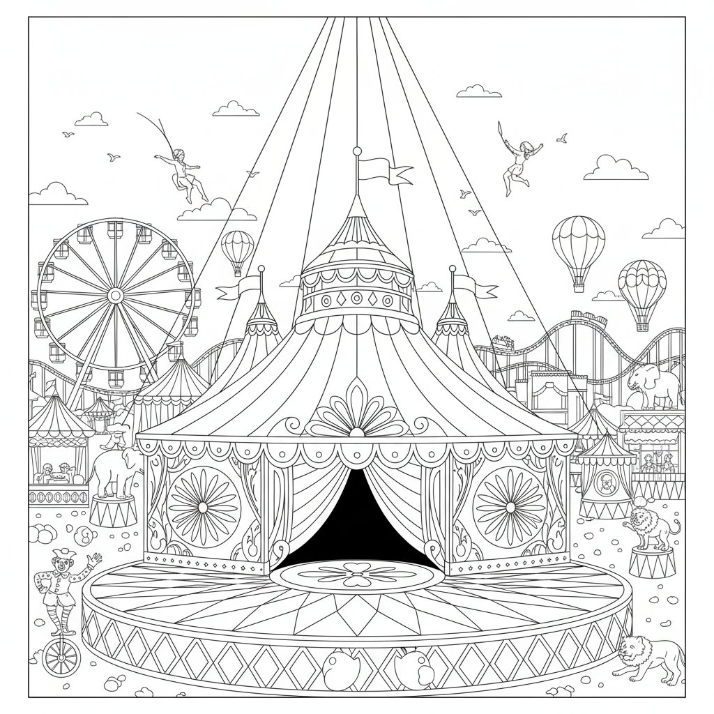Página para Colorear Carpa de Circo - Difícil