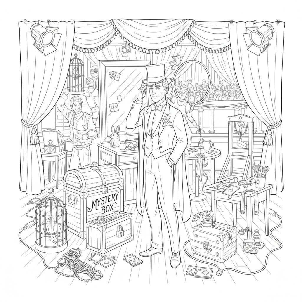 Página para colorear de espectáculo de magia acogedor - Difícil