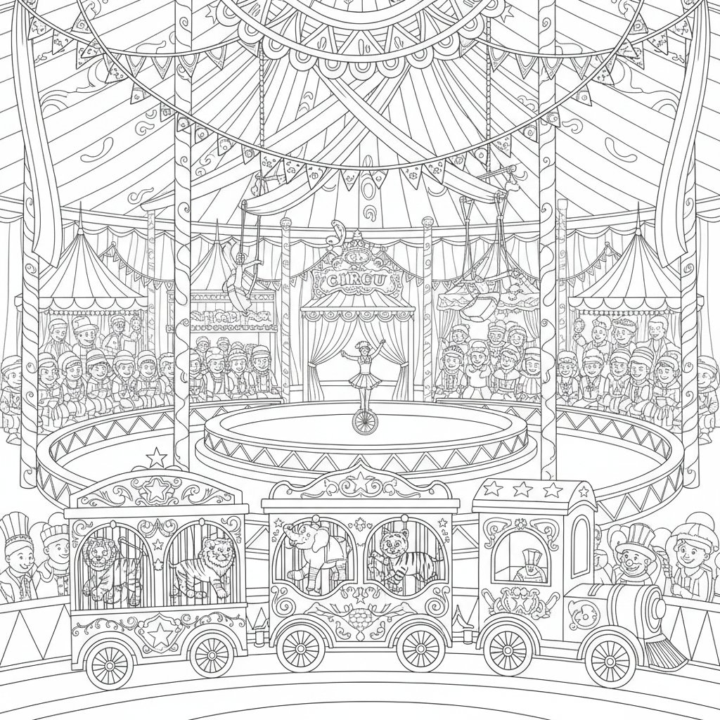 Página para Colorear del Tren de Circo Soñador - Difícil