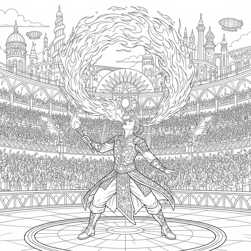 Página para Colorear del Tragafuegos Soñador - Difícil