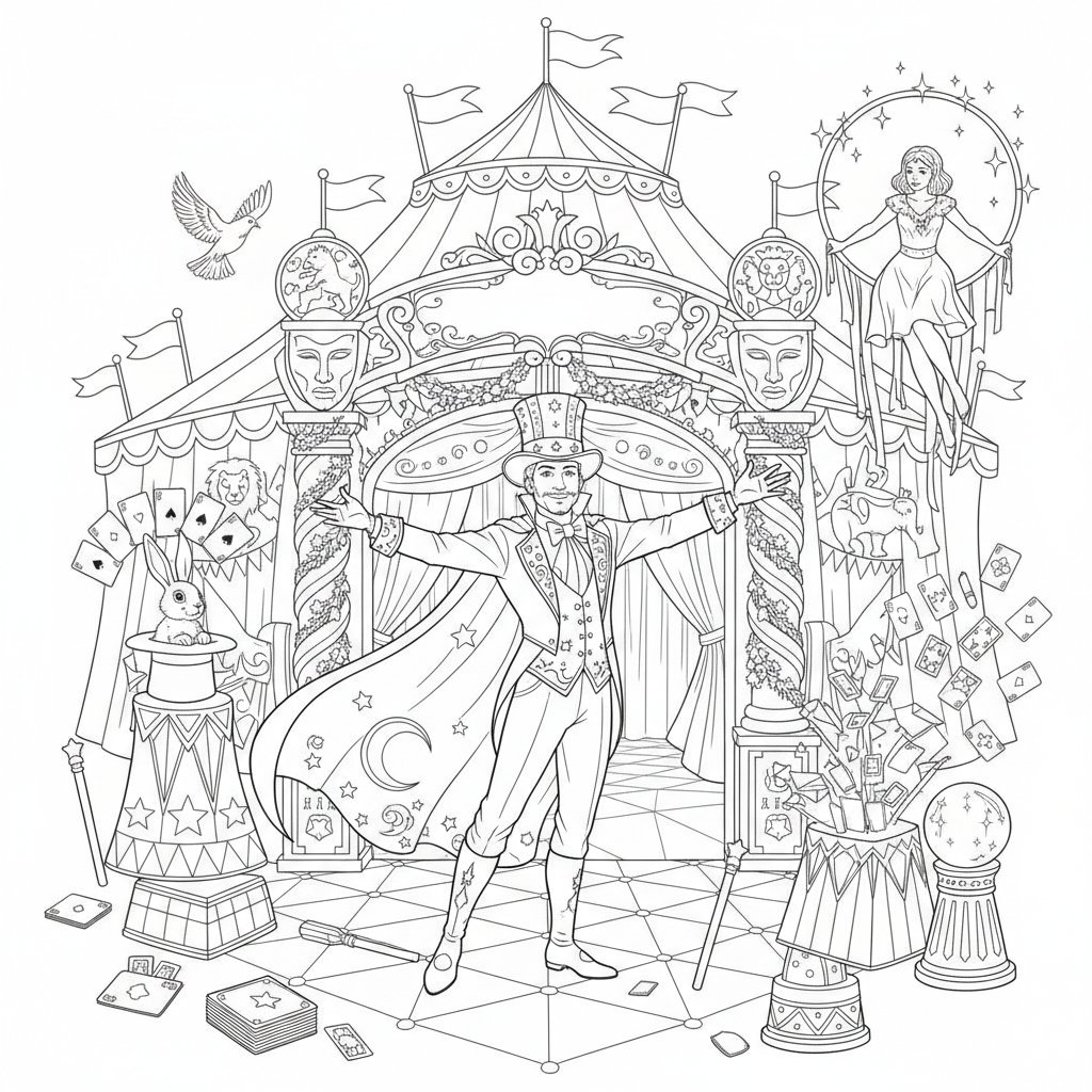 Página para Colorear del Espectáculo de Magia - Difícil