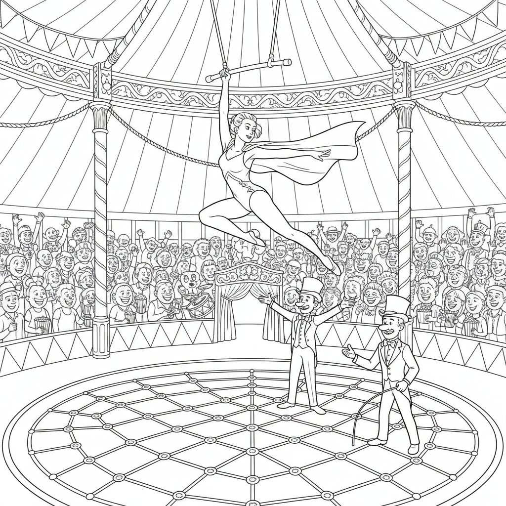 Página para Colorear de Artista de Trapecio Vibrante - Difícil