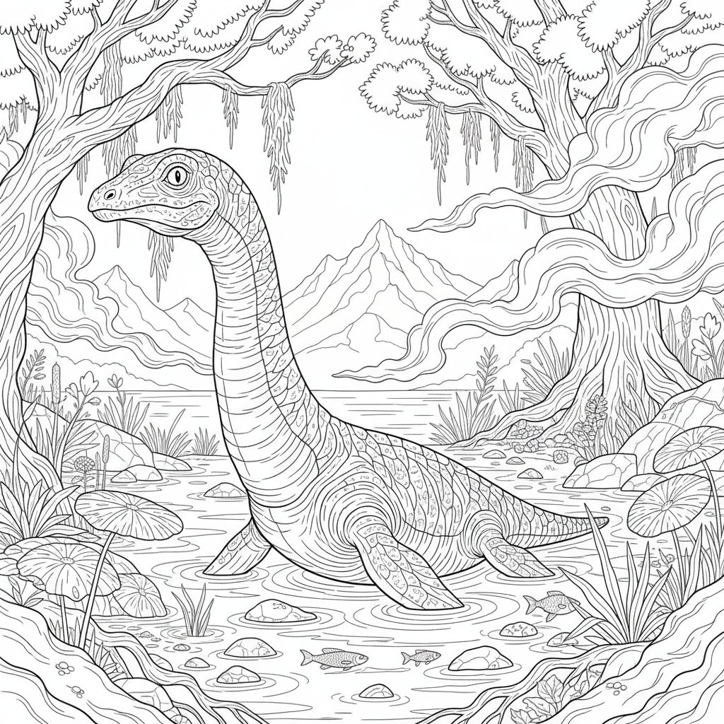 Página para colorear de plesiosaurio acogedor - Difícil