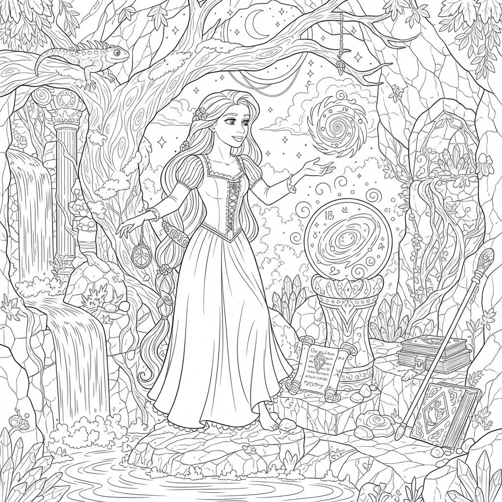 Página para Colorear de Rapunzel Alegre - Difícil