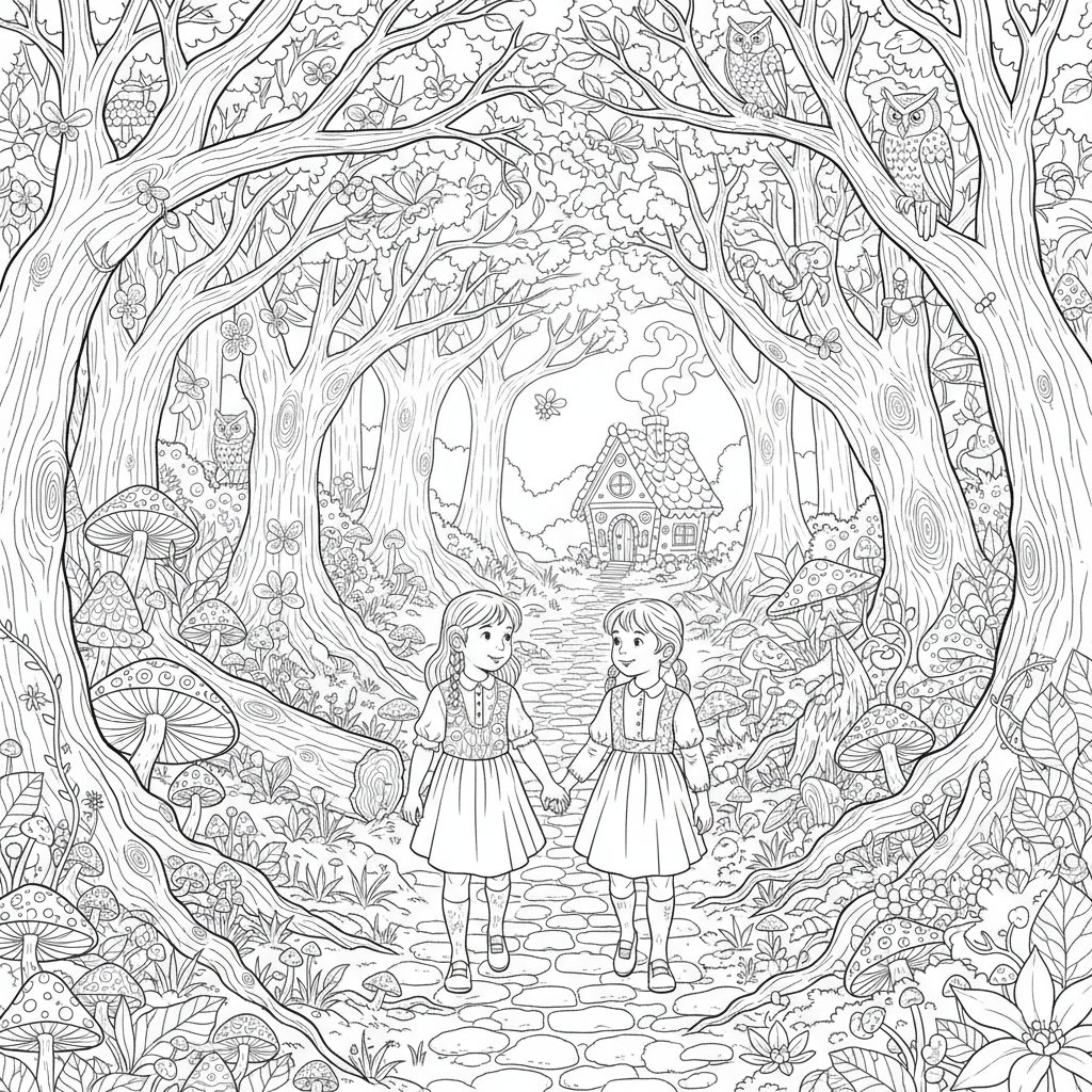 Página para Colorear de Hansel y Gretel - Difícil