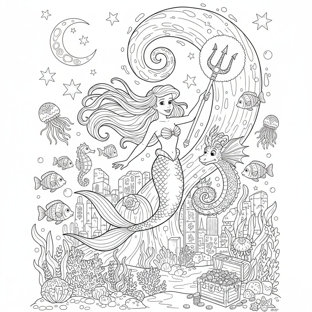 Página para Colorear de La Sirenita - Difícil