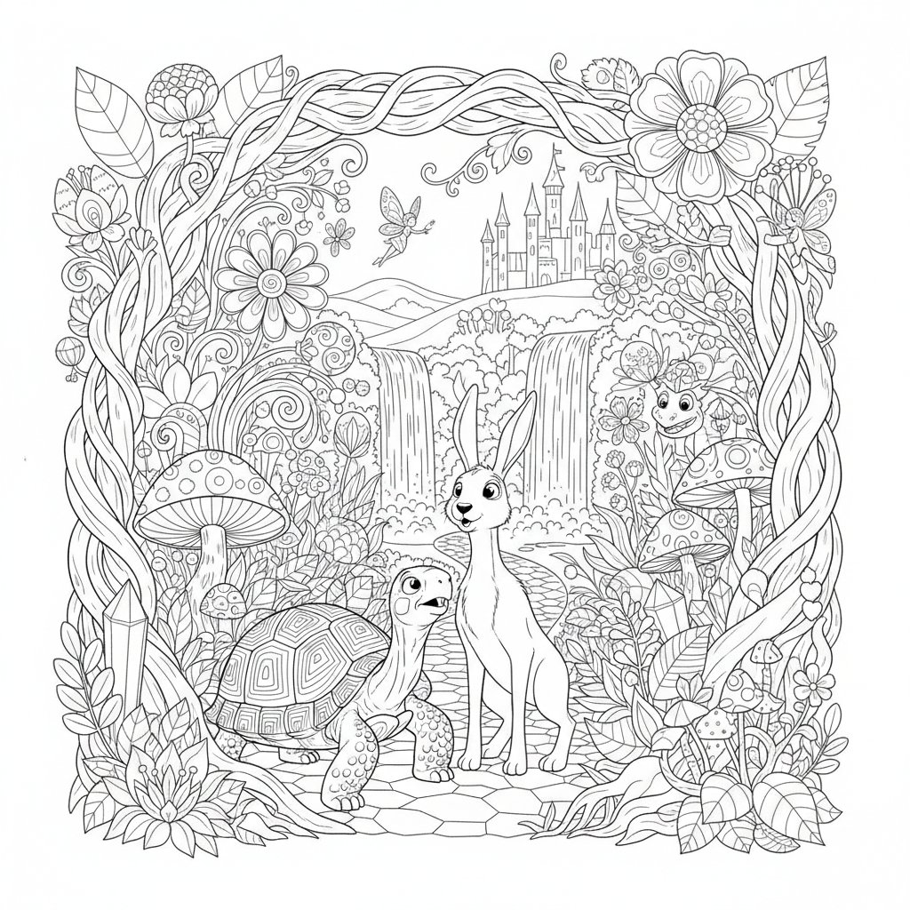 Página para Colorear de La Tortuga y la Liebre - Difícil