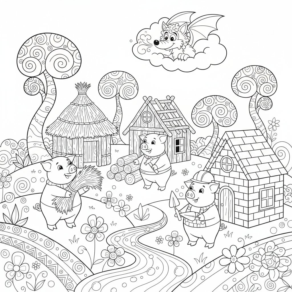 Página para Colorear de Los Tres Cerditos Mágicos - Medio