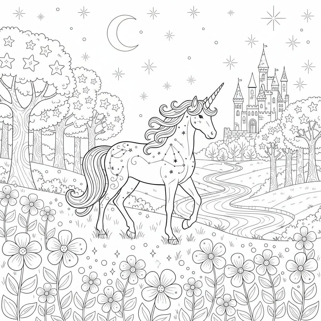 Página para Colorear del Adorable Unicornio - Difícil