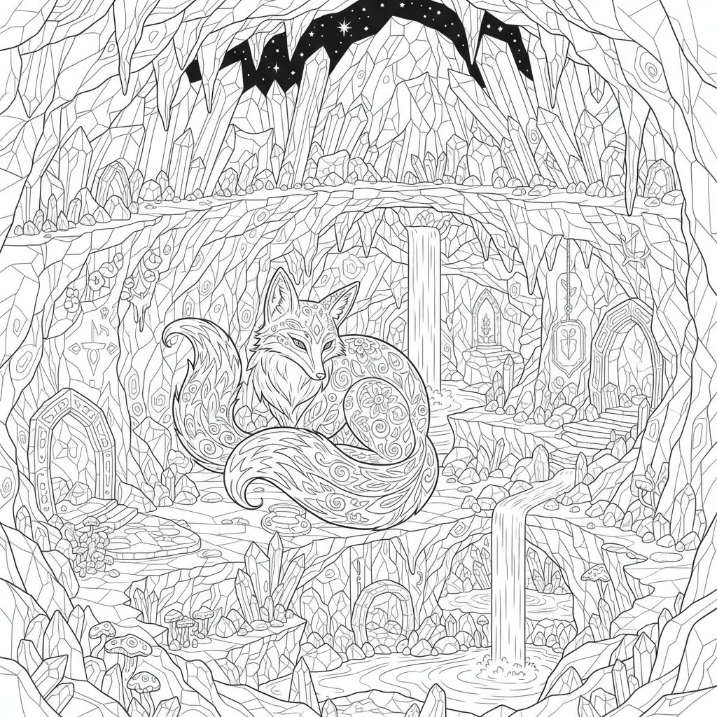 Página para Colorear Creativa de Kitsune - Difícil