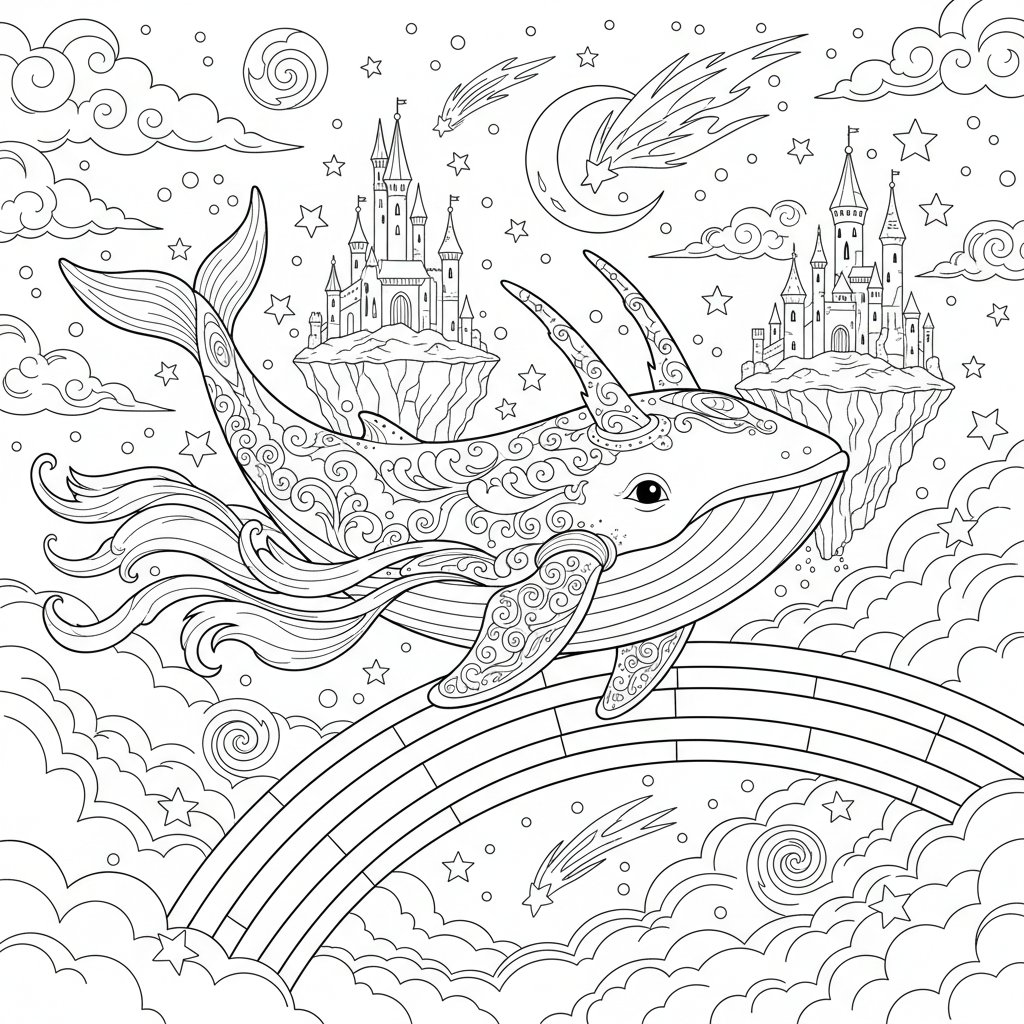 Página para Colorear de Ballena del Cielo - Difícil