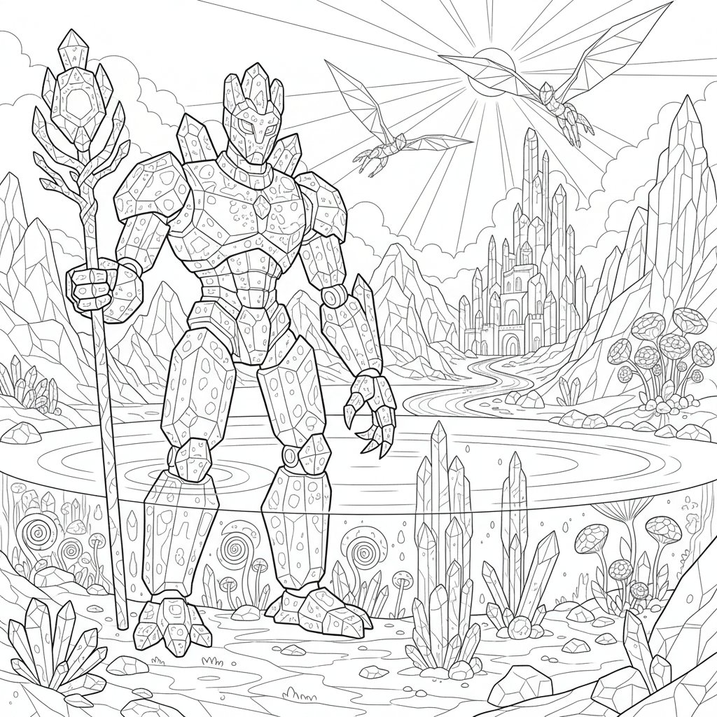 Página para Colorear del Gólem de Cristal Caprichoso - Difícil