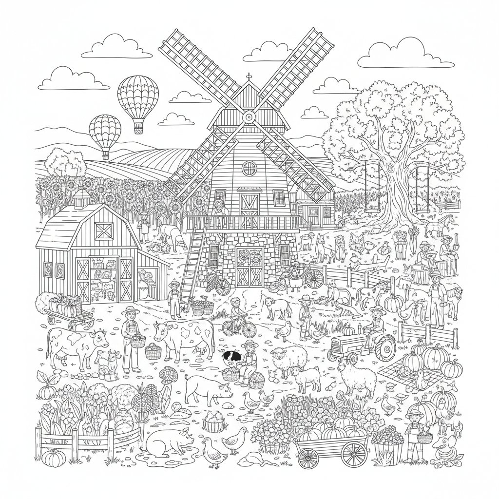 Página para Colorear de Molino de Viento Sereno - Difícil