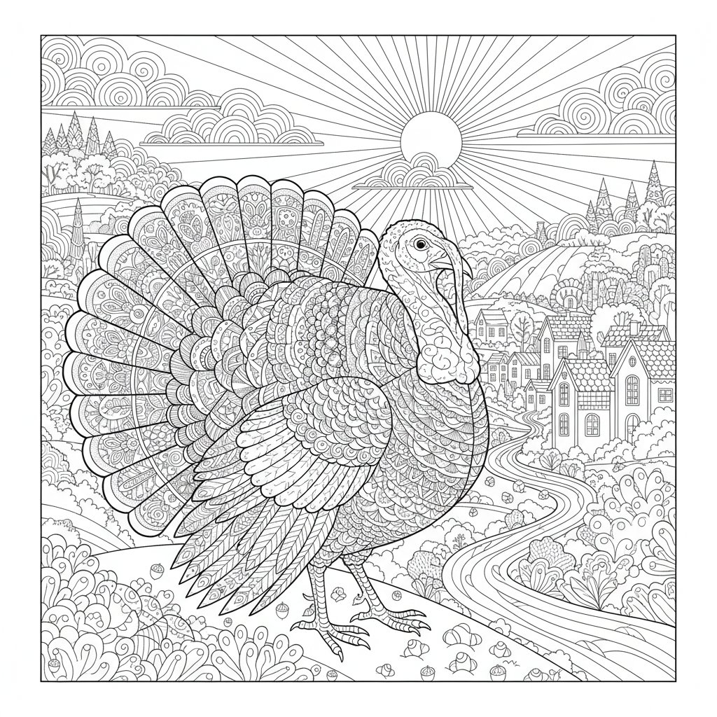 Página para Colorear de Pavo - Difícil