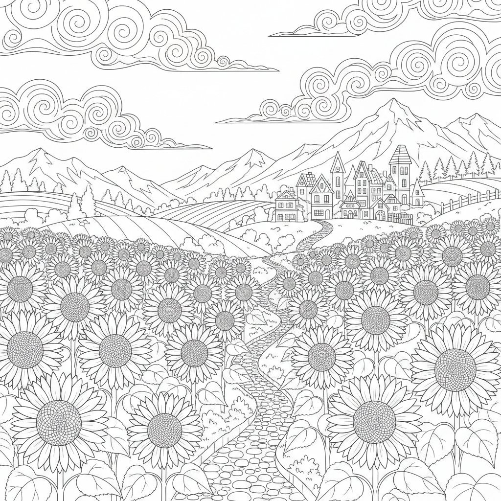 Página para Colorear del Campo de Girasoles Caprichoso - Difícil