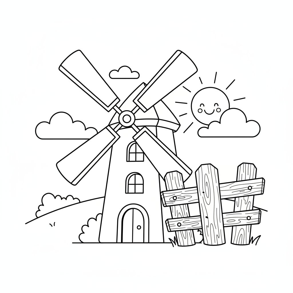 Hermoso Molino de Viento para Colorear - Medio