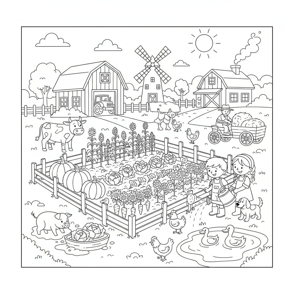 Página para Colorear Huerto de Verduras - Medio