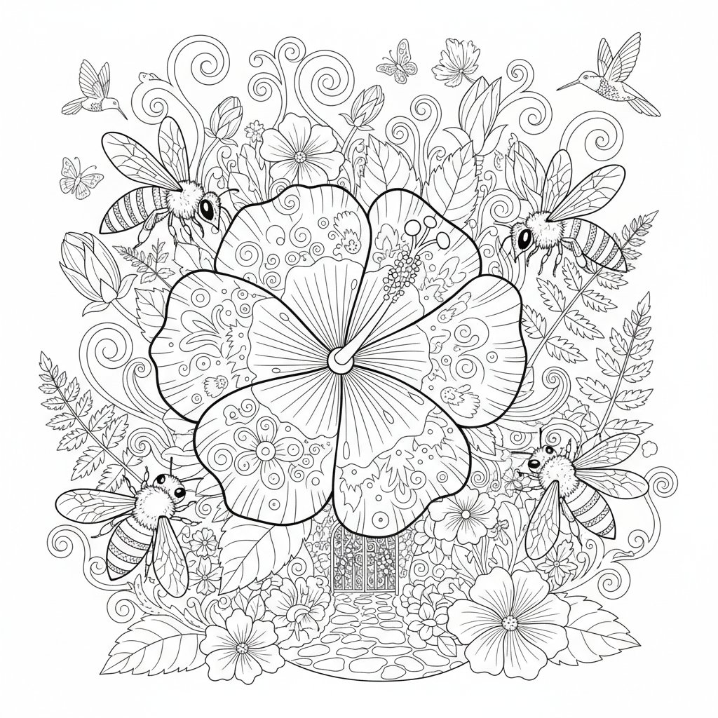 Página para Colorear de Hibisco - Difícil