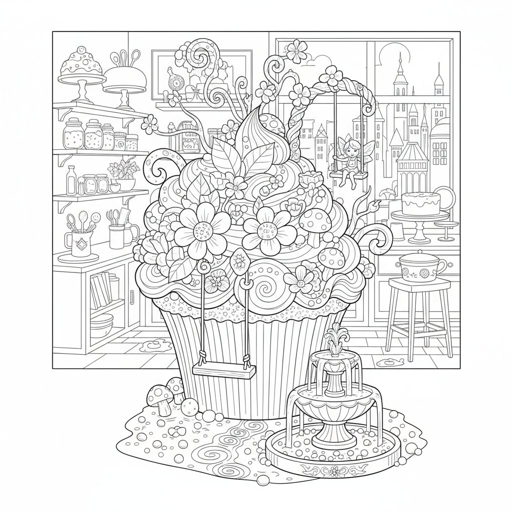 Página para Colorear de Cupcake Sereno - Difícil