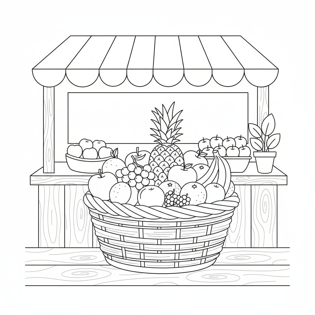 Página para Colorear de Cesta de Frutas Encantadora - Medio